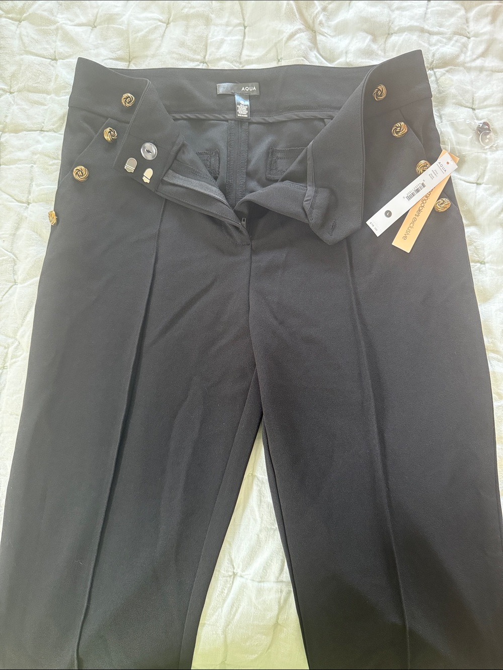 Aqua Black High-Waist Trousers with Gold Button Detail